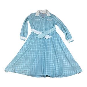 VTG 70s Sears ‘The Shirtdress’ Baby Blue Checkered Plaid Long Sleeve Dress S-M